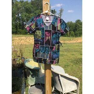 Cherokee womens scrub top size XS scrubs nurse black Barcelona city tie cotton